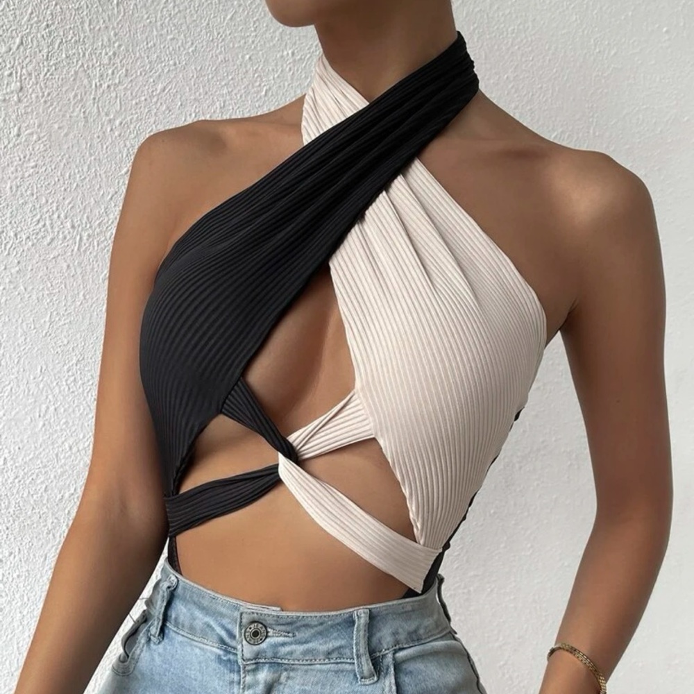 Black White Two Tone Cut Out Twist Halter Bodysuit Y2K Backless XS